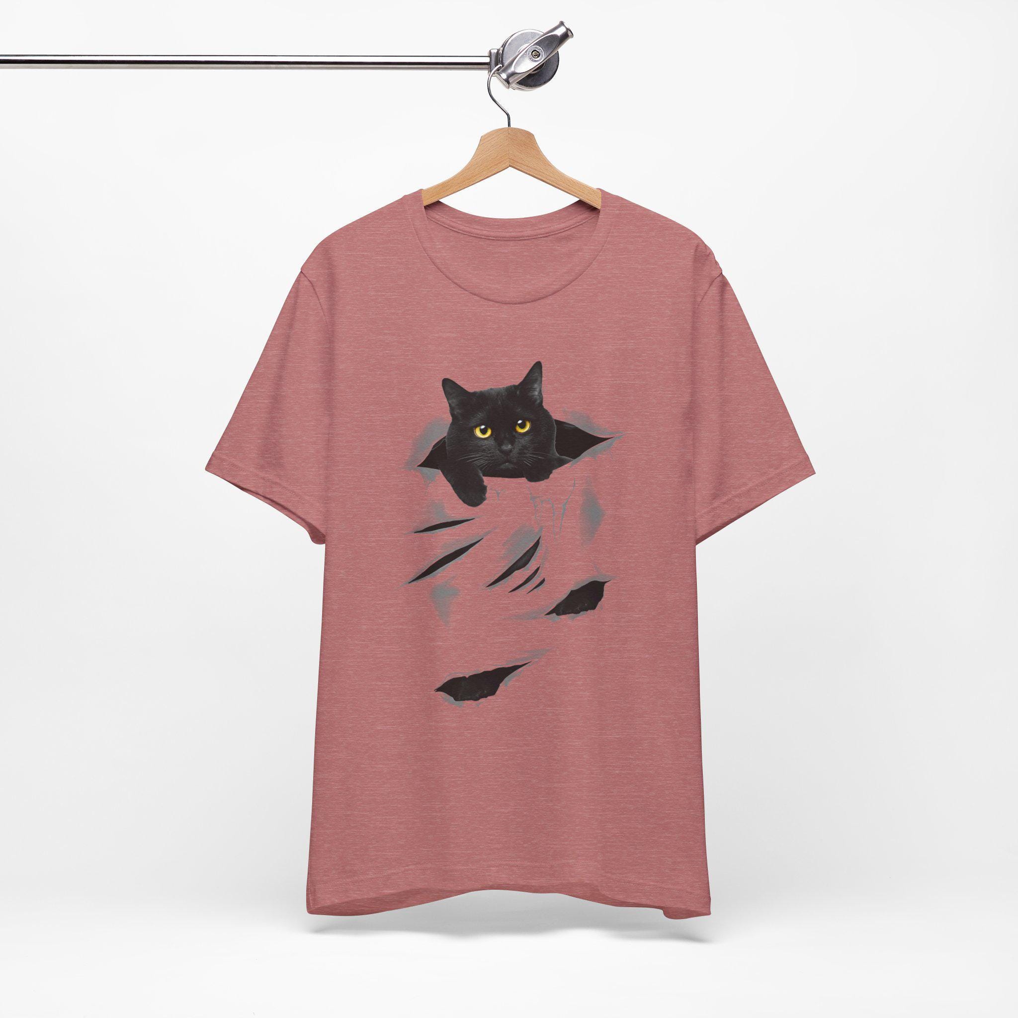 Black Cat Peeking T-shirt, Realistic 3D Torn Hole Graphic Tee