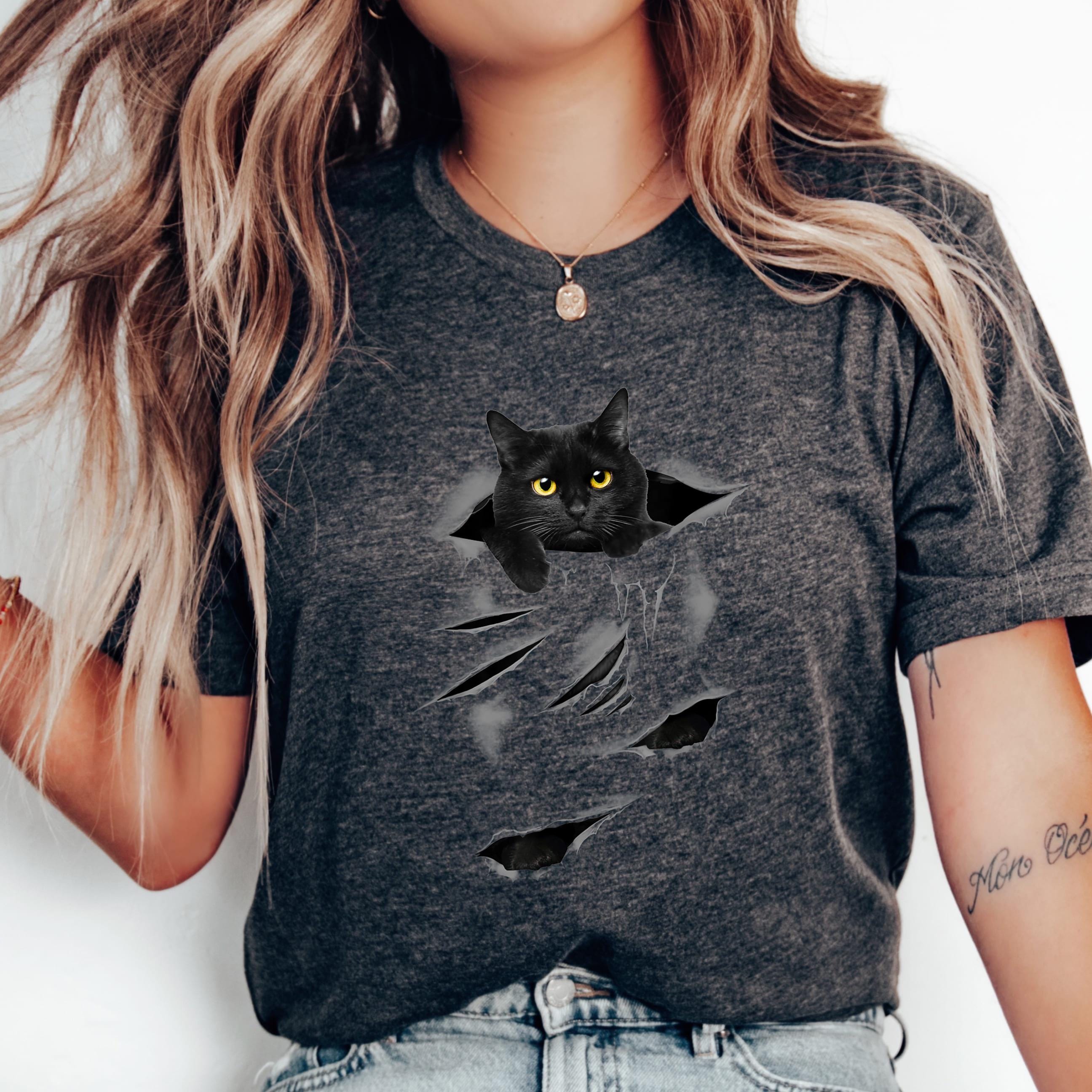 Black Cat Peeking T-shirt, Realistic 3D Torn Hole Graphic Tee