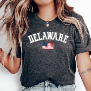 DELAWARE State T-Shirt, USA Flag Graphic Tee, Loose Fit Crew Neck Top, Delaware Souvenir TShirt, Travel Unisex Vintage Clothing Shirt