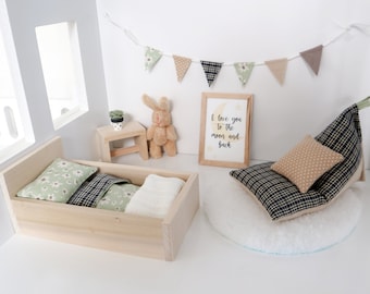 Miniature Bedroom Bundle For Small Mice, Modern Miniature Dollhouse Bed With Miniature Bedding