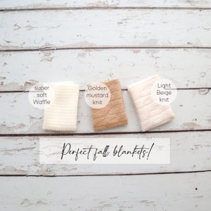 May include: Three different knit blankets in various colors. The blankets are labeled "super soft waffle", "golden mustard knit", and "light beige knit". The text "Perfect fall blankets!" is written below the blankets.