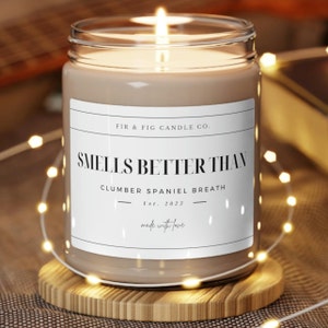 May include: A brown glass candle with a white label that reads "FIR & FIG CANDLE CO. SMELLS BETTER THAN CLUMBER SPANIEL BREATH Est. 2023 made with love".