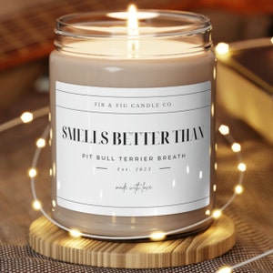 Pode incluir: Uma vela acesa em um frasco de vidro com um rótulo branco. O rótulo diz "SMELLS BETTER THAN PIT BULL TERRIER BREATH" e "made with love". A vela está em uma pequena base de madeira, cercada por luzes de corda.