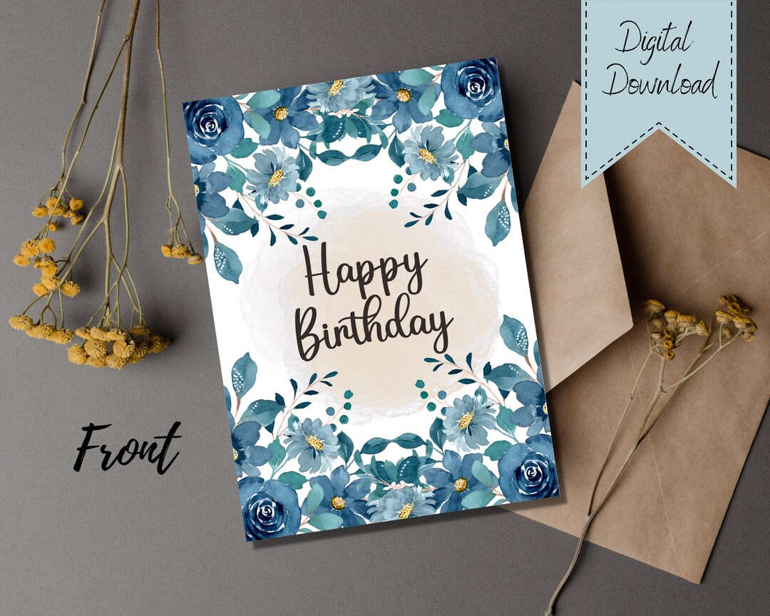 Blue Floral Happy Birthday Card - Etsy