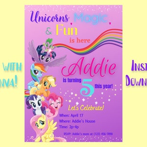 Editable My Little Pony Birthday Invitation Template, Printable Birthday Party Invitations, Digital Kids Party Invite Birthday Card, Instant