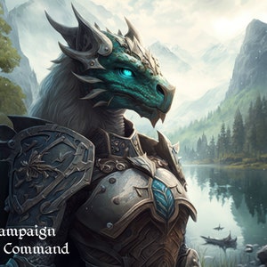 May include: A dragon-like creature wearing silver armor with blue accents stands in a forest setting. The creature has a green, scaly face with bright blue eyes. The background features a lake and mountains. The text "Campaign Command" is visible in the lower left corner.