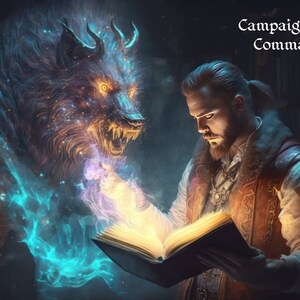 May include: A man with a beard and long hair is reading from a book. A glowing blue and gold wolf is behind him. The text "Campaign Command" is in the upper right corner of the image.