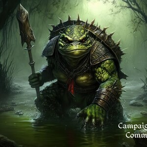 May include: A green, armoured frog-like creature with a spear stands in a swamp. The creature has a fierce expression and is wearing a spiked helmet. The background is a dark, misty forest.