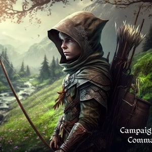 May include: A hooded figure with a bow and arrow stands in a forest setting. The figure is wearing a brown hooded cloak, a green tunic, and leather armor. The figure is holding a bow in their left hand and an arrow in their right hand. The figure is looking to the left. The background is a forest with a river running through it. The text "Campaign Command" is visible in the lower right corner of the image.