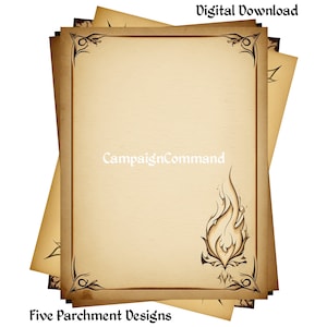 May include: Five printable parchment paper designs with a brown border and a flame design in the bottom right corner. The text "CampaignCommand" is in the centre of the page.
