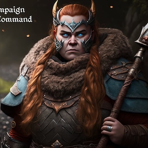 May include: A woman warrior wearing a blue and silver armor with a horned helmet and a fur-lined cloak. She is holding a spear with a red gem at the top. The text "Campaign Command" is visible in the top left corner of the image.