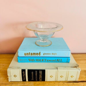Vintage etched flower compote bowl  with distressed gold rim faded with age