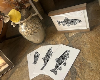 Brook Trout Linocut Print - Black and White Fish Art