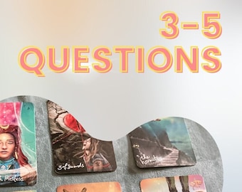May include: Tarot cards spread out on a table with a heart-shaped frame around them. The cards show images of people and symbols. The text on the cards includes "The High Priestess", "3 of Swords", "The Hermit", "4 the Emperor". The text at the top of the image says "3-5 QUESTIONS" and "24 hours".