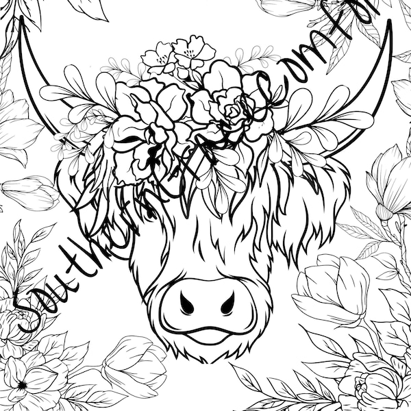 Printable Highlander Cow Coloring Sheet, Floral Cow Coloring Page