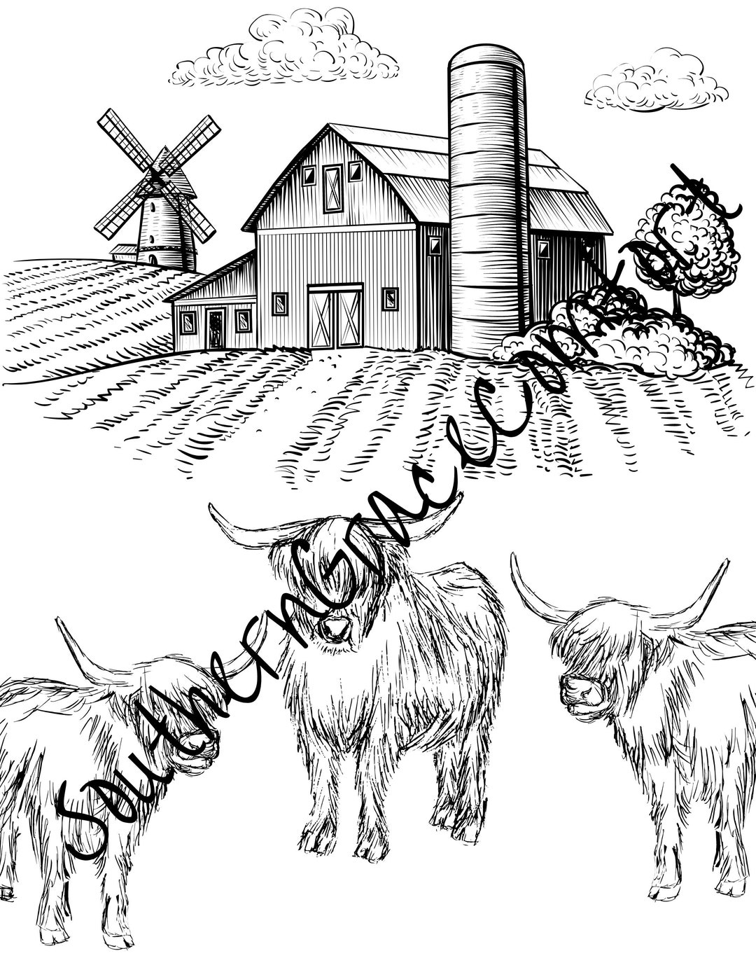 Printable Highland Cows Coloring Sheet, Cattle Coloring Page - Etsy