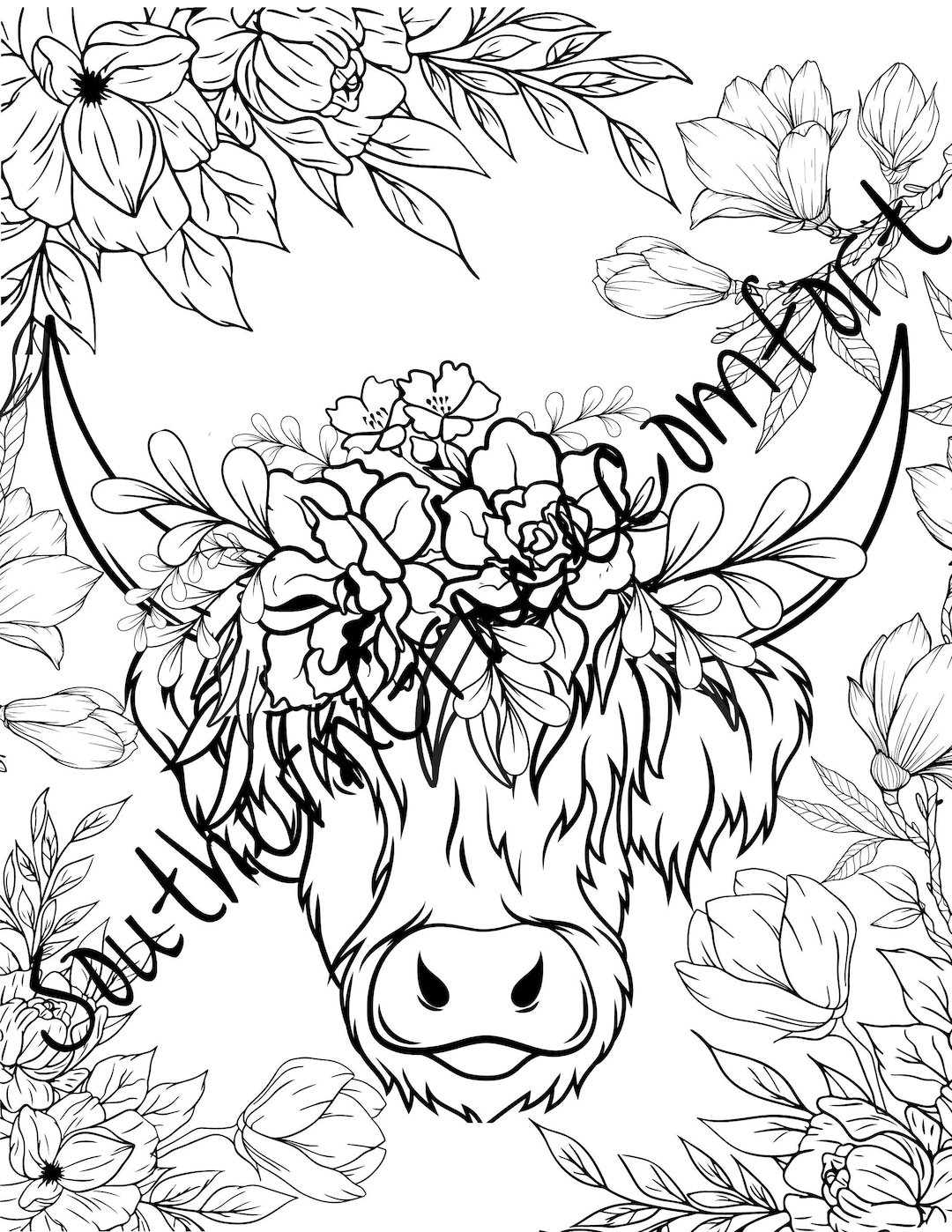 Printable Highlander Cow Coloring Sheet, Floral Cow Coloring Page - Etsy