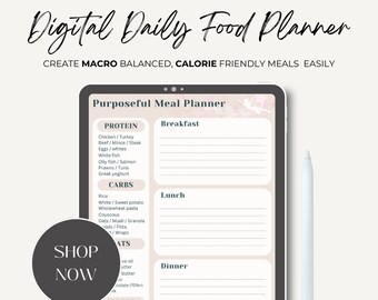 Fitness meal planner, food planner, macro balanced meals, calorie friendly meal planner, food journal, food diary