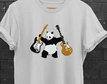 Panda mit Äxten | Banksy inspiriert | Panda mit Gitarren | Guitar Lover Tee | Black Strat vs. Gold Top LP | Graffiti/Spray Art Stil