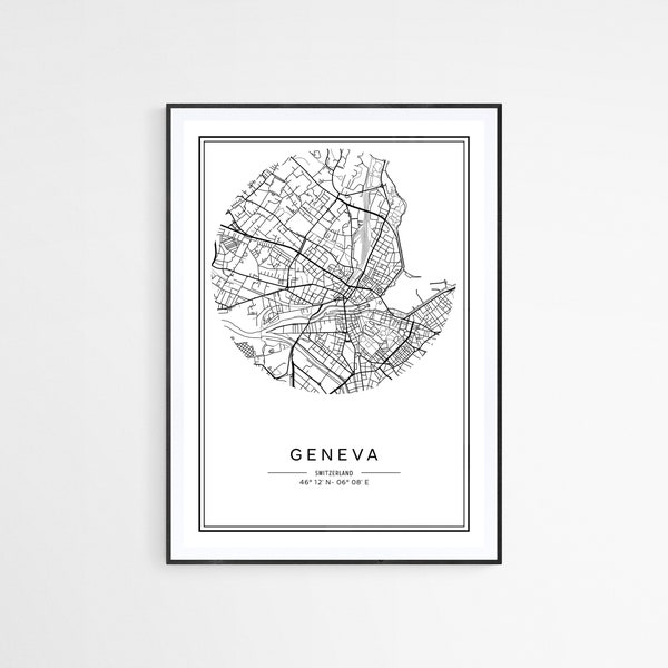 Geneva City Street Map Art Print Chic Monochrome Home Decor Swiss Geometric Urban Poster Minimalist Office Artwork Unique Travel Gift Idea