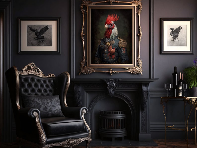 Rooster Wall Art Original Concept Edwardian Vintage Renaissance Oil Painting Print Animal image 2