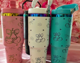 Kawaii Kitty Tumbler: 30oz Stainless Steel Travel Mug, Laser Engraved Cherry Design
