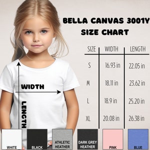 May include: Bella Canvas 3001Y size chart for t-shirts. The chart shows the width and length measurements in inches for sizes S, M, L, and XL. The chart is displayed on a white background with a model wearing a white t-shirt.