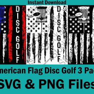 以下が含まれることがあります： アメリカ国旗をモチーフにした、ディスクゴルフのバスケットと「DISC GOLF」の文字が描かれた、3つのデジタルデザイン。デザインは赤、白、青、白黒、白黒の3色です。
