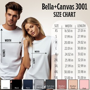 K&ouml;nnte beinhalten: Gr&ouml;&szlig;entabelle Bella+Canvas 3001 f&uuml;r T-Shirts. Die Tabelle zeigt die Breite und L&auml;nge in Zoll f&uuml;r die Gr&ouml;&szlig;en XS bis 5XL.