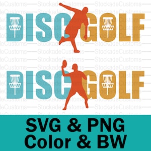 Peut inclure: Une conception numérique avec les mots "DISC GOLF" en bleu et or avec une silhouette d'une personne lançant un disque en orange. Le design est disponible en couleur et en noir et blanc.