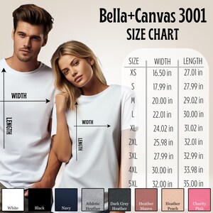 May include: Bella+Canvas 3001 size chart for t-shirts. The chart shows the width and length measurements in inches for sizes XS to 5XL.