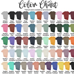 May include: Color chart showing 48 different heather colors of Bella Canvas 3001 t-shirts.  The chart is organized in rows and columns with the color name listed below each t-shirt.