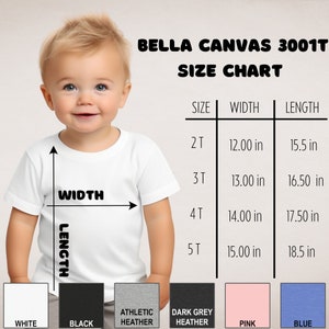 May include: Bella Canvas 3001T size chart for t-shirts in sizes 2T, 3T, 4T, and 5T. The chart shows the width and length of each size in inches. The chart is displayed on a white background with a model wearing a white t-shirt.