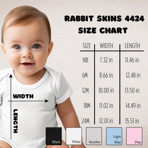 May include: Size chart for baby onesies in sizes newborn to 24 months. The chart shows the width and length of each size in inches. The onesies are available in black, white, heather grey, light blue, and pink.