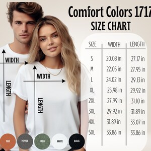 K&ouml;nnte beinhalten: Gr&ouml;&szlig;entabelle f&uuml;r Comfort Colors 1717 T-Shirts, mit den Ma&szlig;en f&uuml;r Breite und L&auml;nge in Zoll f&uuml;r die Gr&ouml;&szlig;en S bis 5XL.