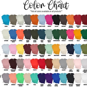 May include: Color chart showing a variety of t-shirt colors available in Bella Canvas 3001.  The chart includes colors like aqua, army, ash, asphalt, autumn, baby blue, berry, black, brown, burnt orange, canvas red, cardinal, charity pink, citron, columbia blue, coral, dark grey, dark olive, deep teal, dusty blue, evergreen, forest, fuchsia, gold, kelly, leaf, light blue, lilac, maize yellow, maroon, mauve, military green, mint, mustard, natural, navy, ocean blue, olive, orange, orchid, oxblood black, pebble, pink, poppy, red, rust, sand dune, silver, soft cream, soft pink, solid athletic grey, steel blue, storm, sunset, synthetic green, tan, teal, team navy, team purple, true royal, turquoise, vintage black, vintage white, white, and yellow.