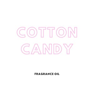 May include: A white background with the words "COTTON CANDY" in light pink, outlined letters. Below, in smaller, bold, black text, it reads "FRAGRANCE OIL". The overall design is simple and clean.