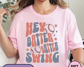 Hey Batter Batter Swing Baseball Shirt, Baseball Lover T-shirt, Funny Baseball Coaching Tee, Retro Game Day Tshirt, Cute Baseball Mom Shirt