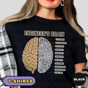 Może przedstawiać: Czarny t-shirt z grafiką mózgu podzielonego na dwie połowy. Lewa strona jest anatomiczna, a prawa mechaniczna z ikonami inżynieryjnymi. Tekst brzmi ENGINEER'S BRAIN z etykietami takimi jak LET'S OVERTHINK oraz USE DUCT TAPE.