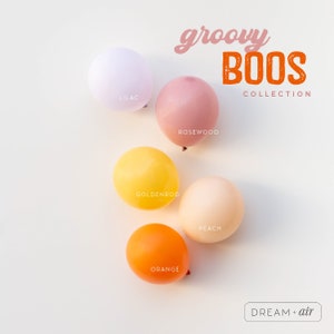 May include: Five pastel colored balloons arranged in a semi-circle on a white background. The balloons are lilac, rosewood, goldenrod, peach, and orange. The text "groovy BOOS COLLECTION" is at the top of the image. The text "DREAM + air" is at the bottom of the image.