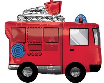 Puede incluir: Globo de aluminio rojo y plateado en forma de camión de bomberos con una escalera, una manguera y una campana en la parte superior. El globo tiene ruedas negras y una franja blanca alrededor de la parte inferior.