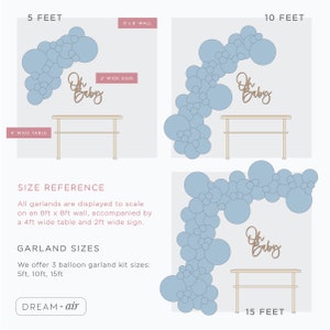 May include: A size reference guide for balloon garlands, showing three different sizes: 5 feet, 10 feet, and 15 feet. Each garland is displayed with a table and a sign that reads "Oh Baby".