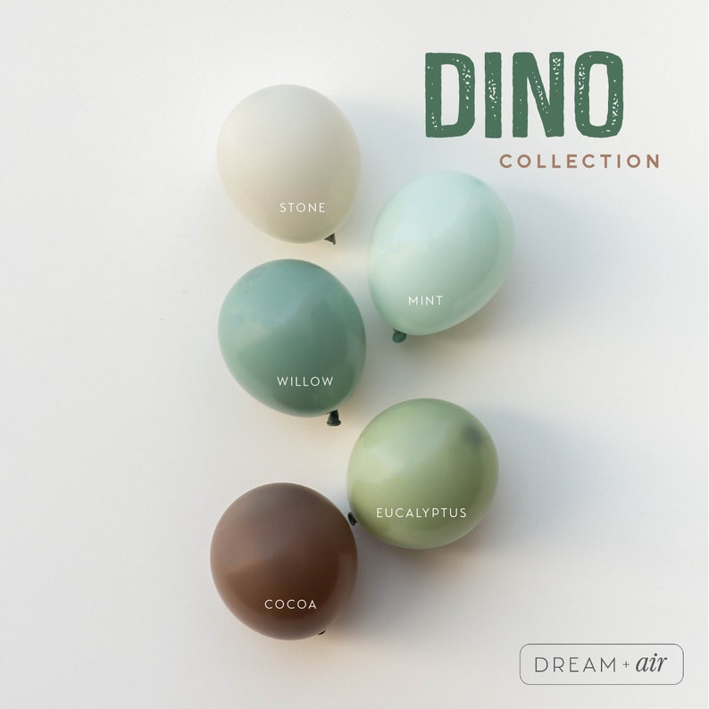 May include: Five balloons in various shades of green, brown, and white. The balloons are labeled with the names "Stone", "Mint", "Willow", "Eucalyptus", and "Cocoa". The text "DINO COLLECTION" is at the top of the image. The text "DREAM + air" is at the bottom of the image.