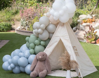 Boho Blue Green DIY Balloon Garland Arch Kit | Sage Green, Neutral, Fog,Peter Rabbit, Earthy Baby Shower Birthday Party, Bridal Shower Decor