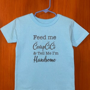 May include: A light blue t-shirt with the text "Feed me Ćevapčići & Tell Me I'm Handsome" in dark brown lettering. The shirt is hanging on a blue plastic hanger.