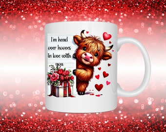 Valentine’s Day Scottish Highland Cow Coffee Mug – Head Over Hooves in Love With You Romantic Gift for Cow and Animal Lovers