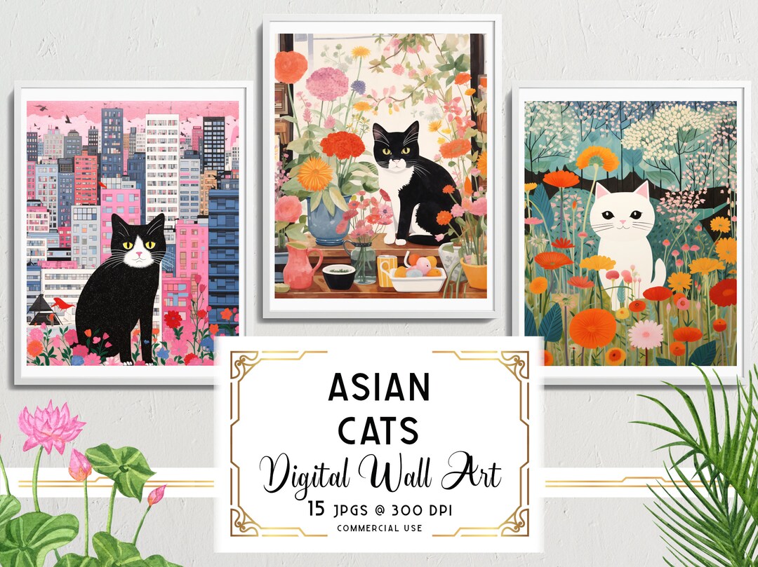 Asian Cat Wall Art Pack, Japanese Inspired Digital Art Paintings of ...