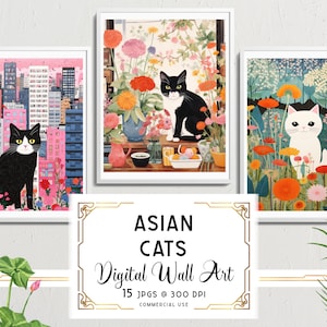 Asian Cat Wall Art Pack, Japanese Inspired Digital Art Paintings of Cats, for Personal + Commercial Use