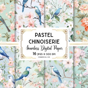 Chinoiserie Digital Paper, Pastel Seamless Pattern, Asian Wallpaper Digital Download, Bird Textures, For Commercial and Personal Use