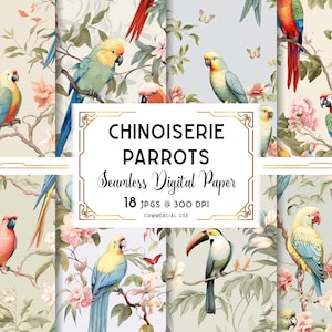 Chinoiserie behang, papegaai naadloos patroon, Aziatische wallpaper digitale download, papegaaien textuur, voor commercieel en persoonlijk gebruik